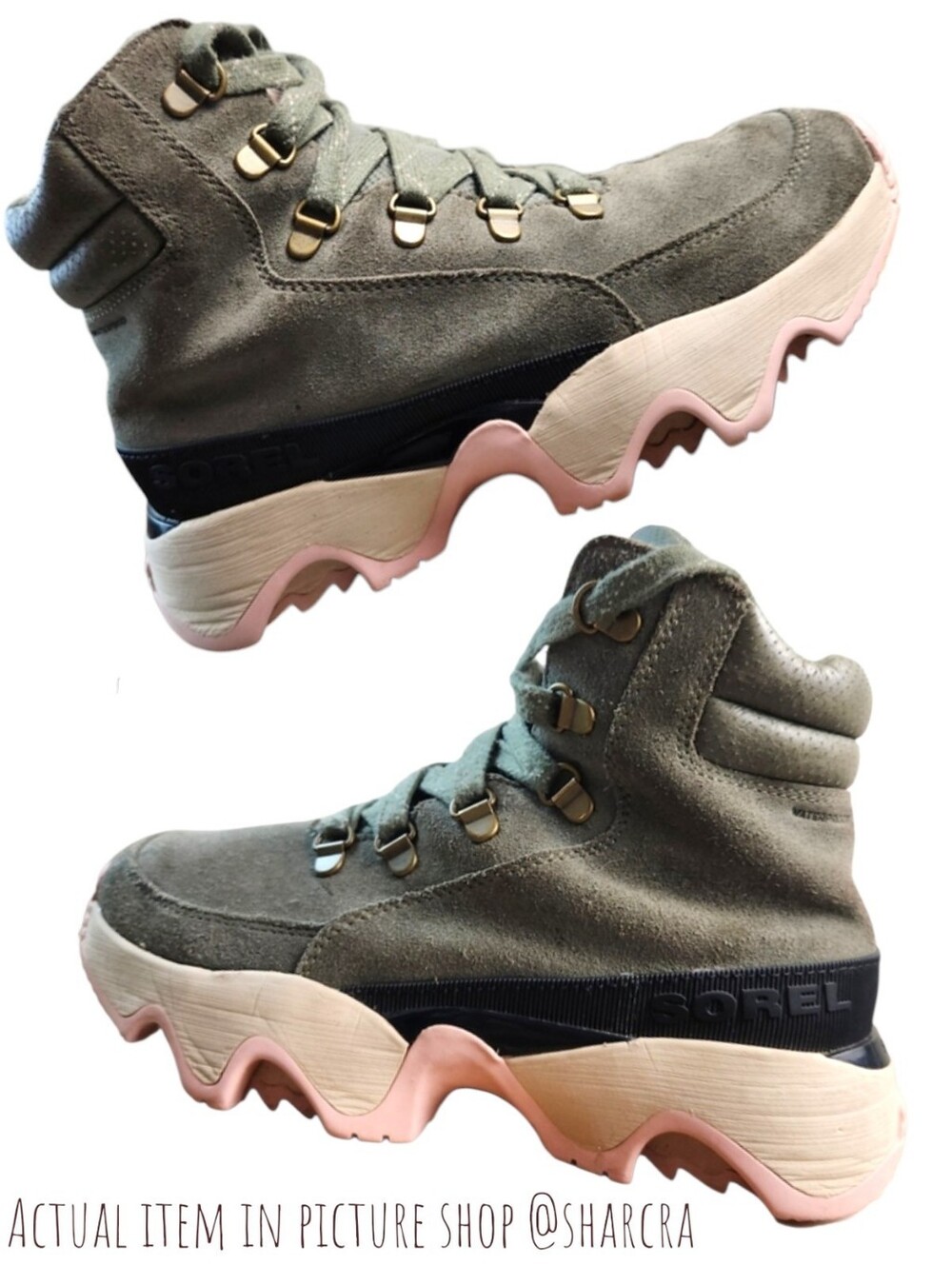 SOREL women Kinetic Impact Conquest Stone Green Chalk Waterproof Sneaker Boot 7